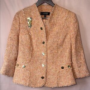 Kasper Peach-Tone Tweed Collarless Blazer with Gold Buttons